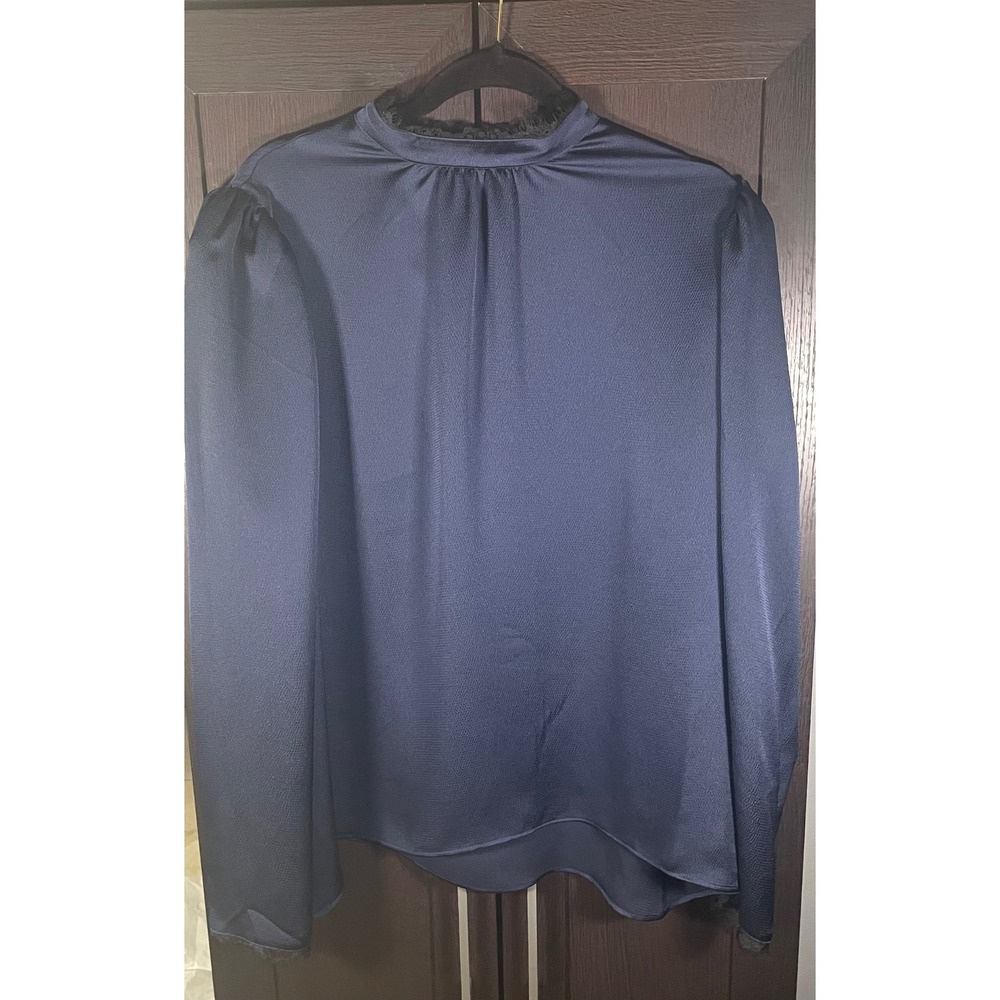 Express Navy Blue Satin Mock Neck Lace Trim Blouse XL Long Sleeve Puff Shoulder